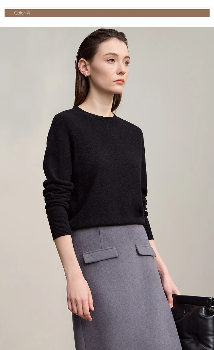 Damenpullover mit Rundhalsausschnitt, lange Ärmel, schwarzer Strick