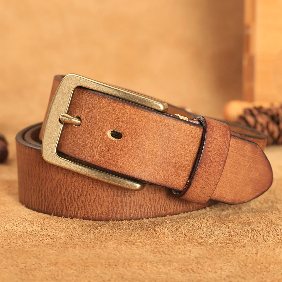 Herren Echtleder-Gürtel Vintage Kupferschnalle Handgemacht Rindsleder Jeans 3,8 cm