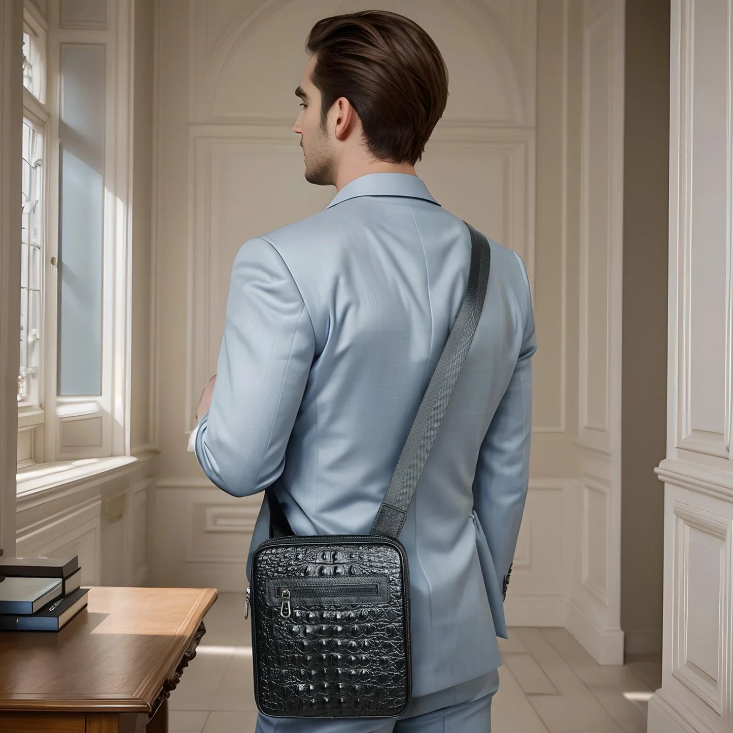 Herren-Umhängetasche aus Leder mit Kroko-Print, Große Crossbody-Tasche fürs Business