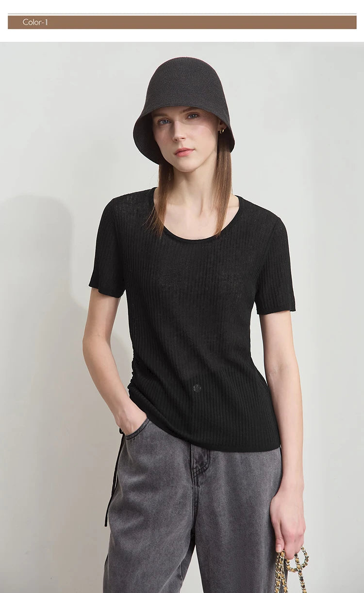 Schwarzer Damen-Pullover mit Rundhalsausschnitt und Kurzarm, feines Rippstrick