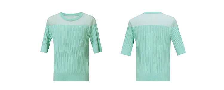 Mintgrüner Strickpullover mit Rundhalsausschnitt, kurzarm, Rippenstruktur