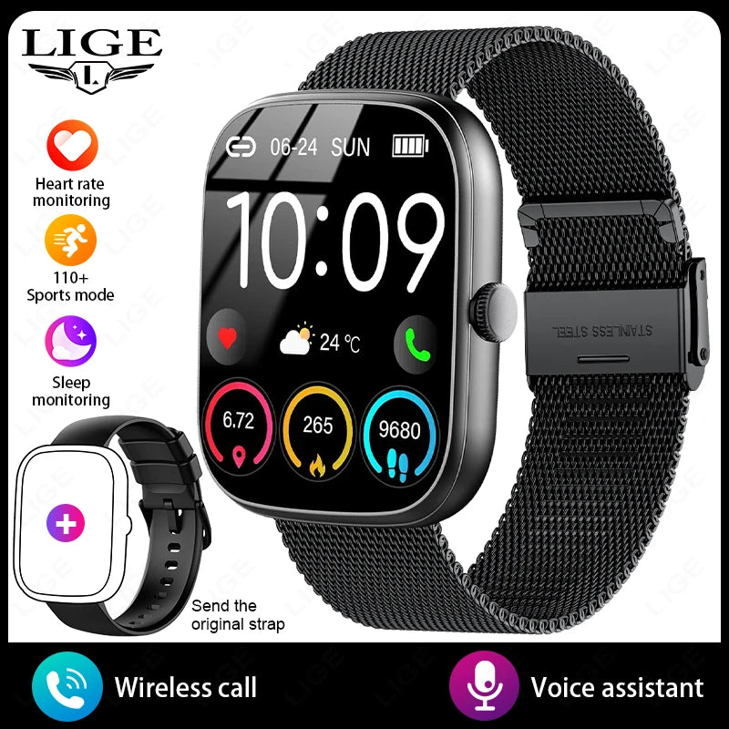 LIGE Smartwatch mit schwarzem Mesh-Armband und Zeitanzeige auf dem Display