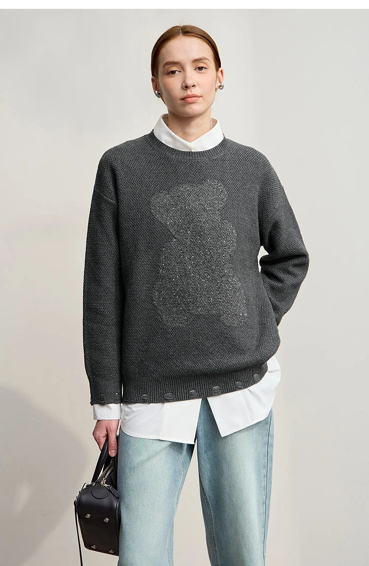 Damen-Rundhalspullover Jacquard Aushöhlung Perlenstickerei locker Winter