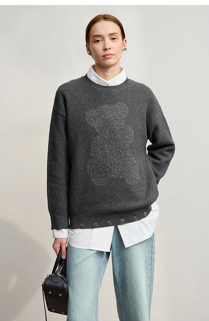 Damen-Rundhalspullover Jacquard Aushöhlung Perlenstickerei locker Winter