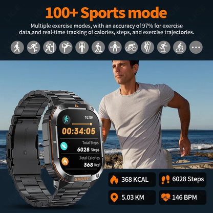 LIGE 2025 Neue Militärische Smart Uhr Männer LED Taschenlampe IP68 Wasserdichte Outdoor Sport Fitness Tracker Anruf Erinnerung Smartwatch