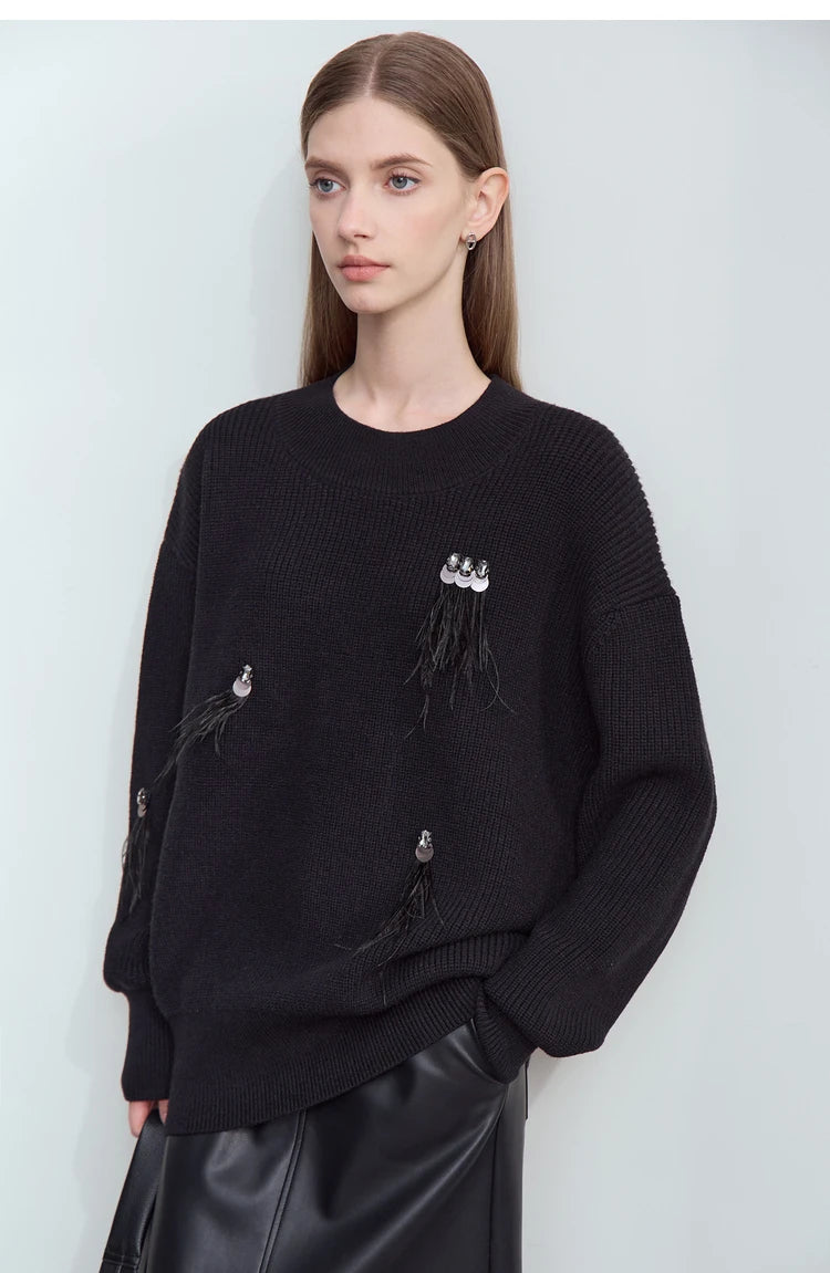 Damen-Rundhalspullover Perlen Strassapplikation locker Winter