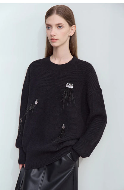 Damen-Rundhalspullover Perlen Strassapplikation locker Winter