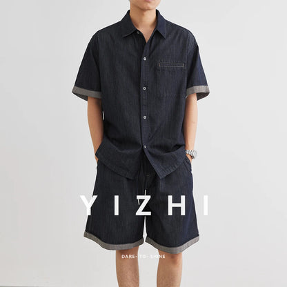 Männer Denim Anzug mit Revers Kurzarm Shirt und Shorts im Casual-Stil