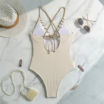 Damen Badeanzug V-Ausschnitt Rippen Kreuzrücken hoher Beinausschnitt Monokini 5 Farben
