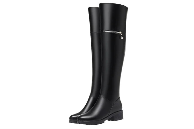 AIYUQI Women's Over Knee Boots Winter Fashion Middle Heel Fur Long Boots Women Genuine Leather Rider Boots Ladies