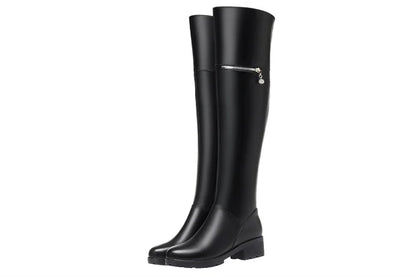 AIYUQI Women's Over Knee Boots Winter Fashion Middle Heel Fur Long Boots Women Genuine Leather Rider Boots Ladies