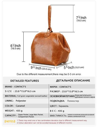 Maßzeichnung: kleine braune Ledertasche mit Beutelform und Henkel