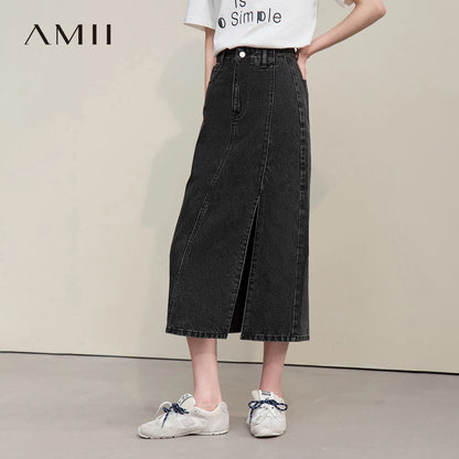 Schwarzer Jeansrock Midi mit geradem Schnitt und Knopfleiste, hoher Seitenschlitz