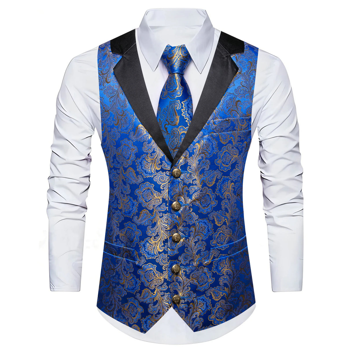 Blaue Jacquard-Herrenweste mit schwarzem V-Revers und Knopfleiste