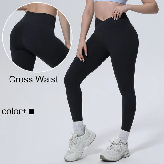 Schwarze Yoga-Leggings mit Cross-Waist-Bund und langen, eng anliegenden Beinen