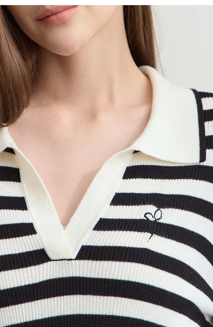 Damen V-Ausschnitt Pullover Streifen Stickerei Polo Kontrastfarben Herbst