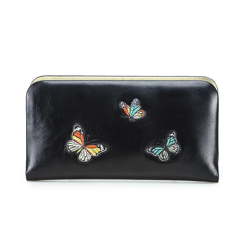 Damen Echtleder Lange Geldbörse Schmetterling Stickerei Kartenhalter Handyfach Reise