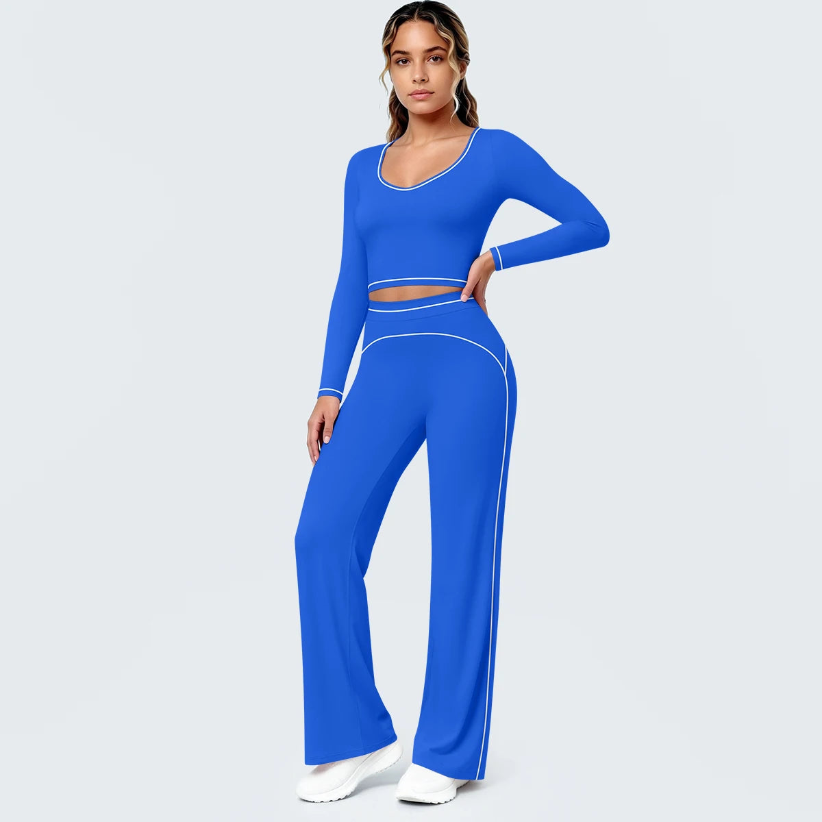 Damen Yoga-Set mit langärmligem Top und Schlaghose, Cut-out an der Taille, blau