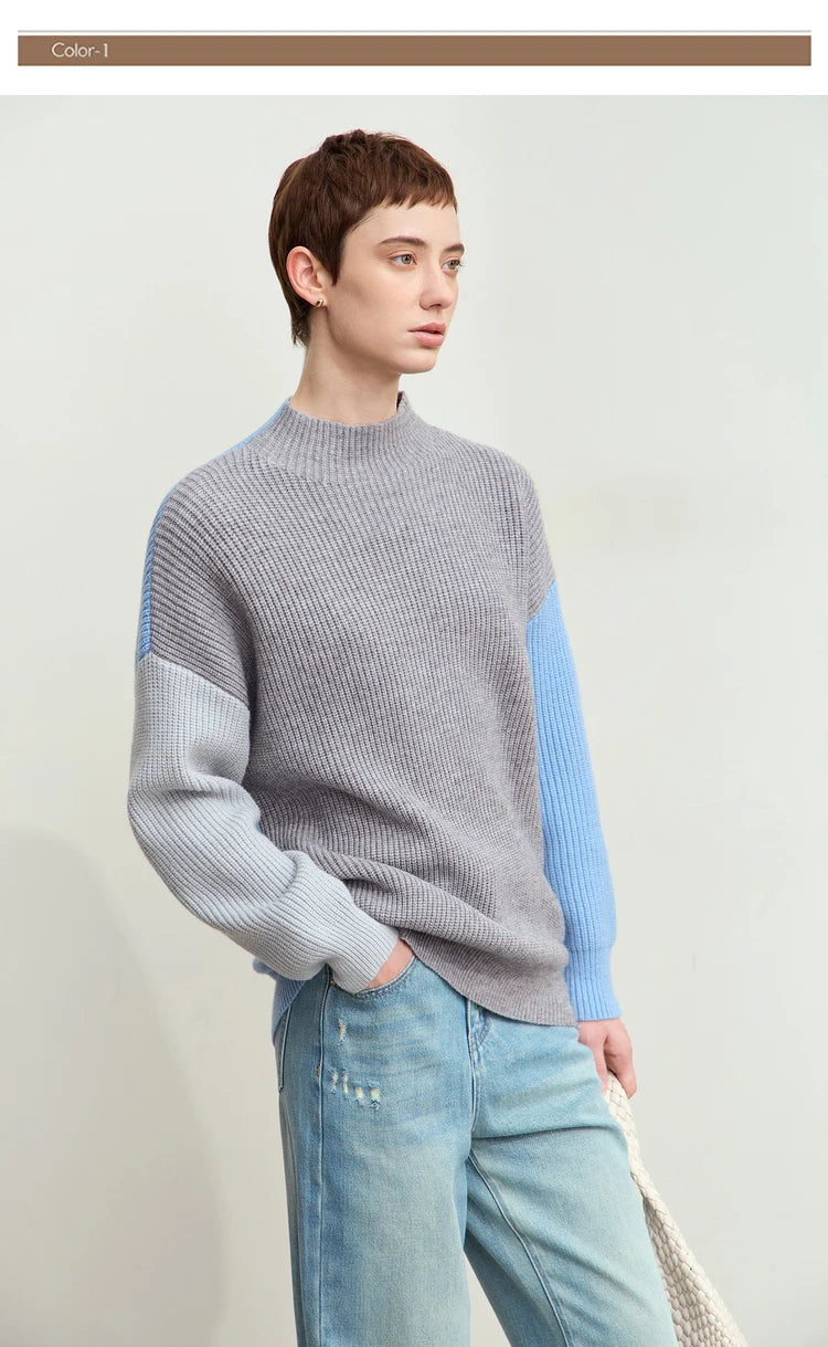 Damen-Rollkragenpullover, grau meliert mit hellblauem Ärmel-Block und gerippten Bündchen
