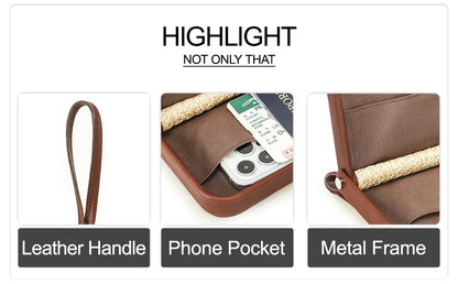 Beige Handytasche mit braunem Ledergriff, Smartphone-Fach und Metallrahmen