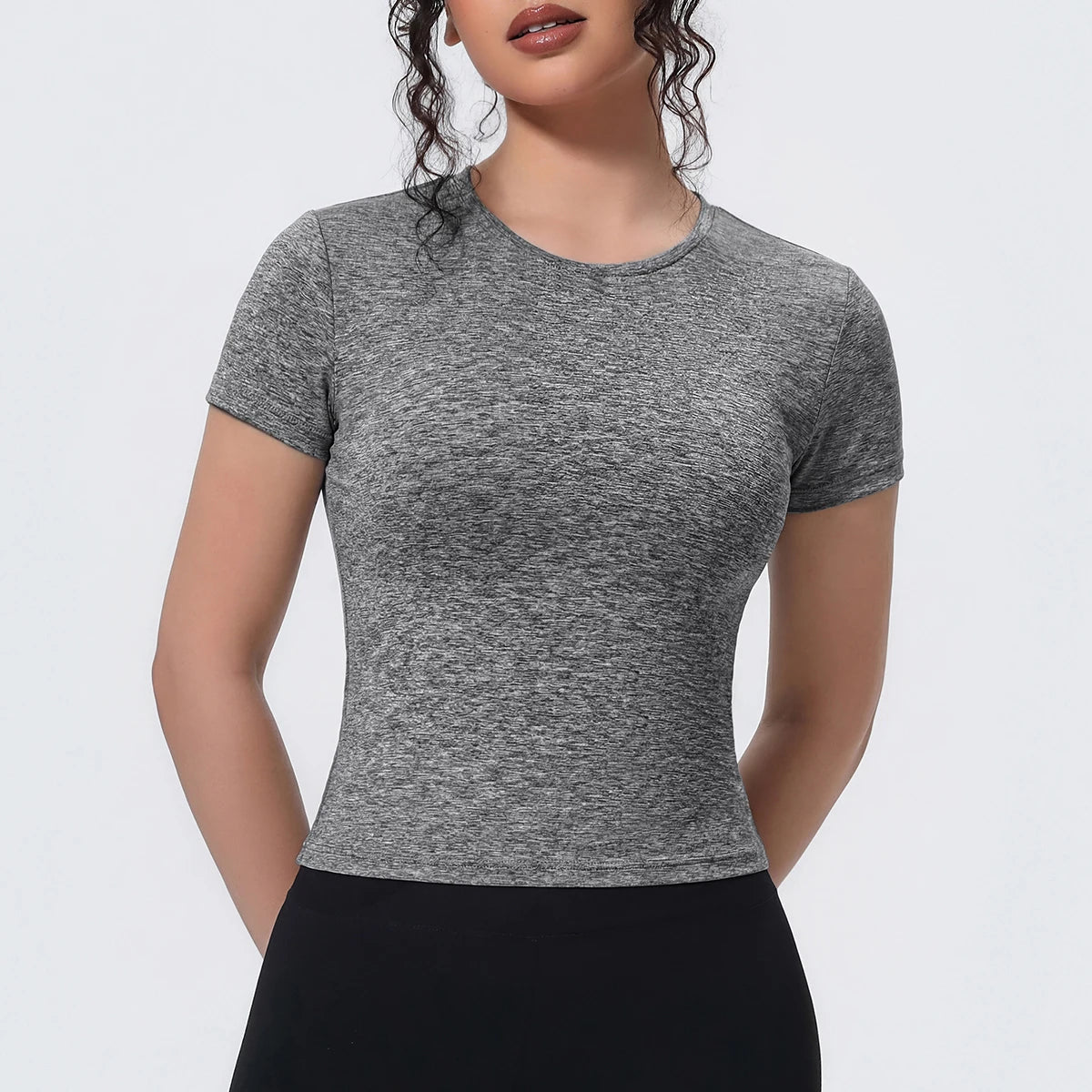 Damen Yoga-Shirt mit Rundhalsausschnitt, kurzarm, eng anliegend, graumeliert