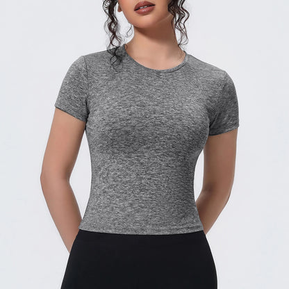 Damen Yoga-Shirt mit Rundhalsausschnitt, kurzarm, eng anliegend, graumeliert