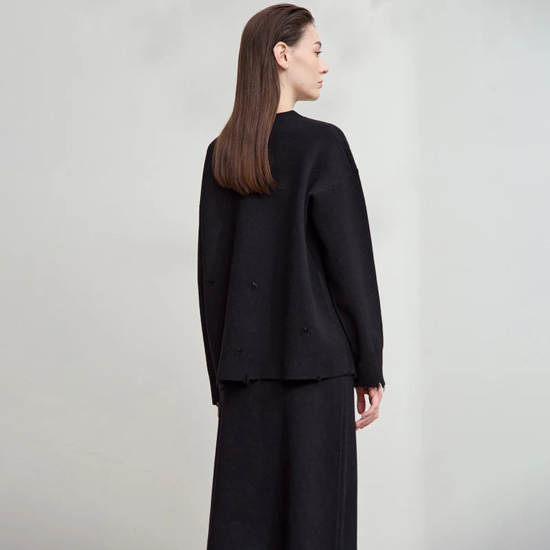 Damen-Pullover, einfarbig schwarz, weite Passform, runder Halsausschnitt, lange Ärmel