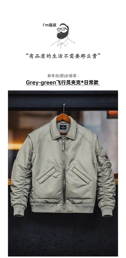 Herren Pilotenjacke Graugrün Warmer Mit Baumwolle Gefütterter Mantel Revers Taschen
