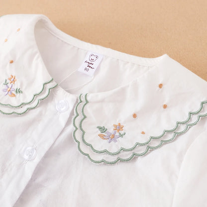 Mädchen-Hemd, bestickter Kragen, langärmelige Bluse für süßes Baby, Mädchen im Alter von 2–6 Jahren, weißes Kinderhemd