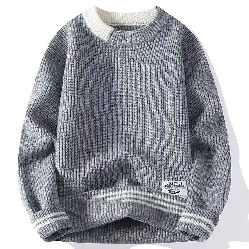 Dicker Herren-Pullover mit Rundhalsausschnitt und Patchwork-Design – Lockerer, elastischer Langarm für Herbst und Winter