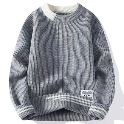 Dicker Herren-Pullover mit Rundhalsausschnitt und Patchwork-Design – Lockerer, elastischer Langarm für Herbst und Winter