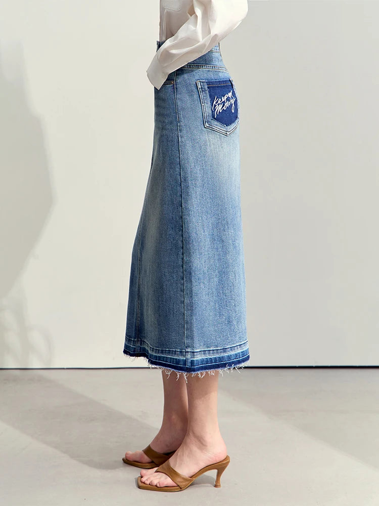 Jeansrock mit hoher Taille, A-Linie, mittellang, Taschenpatch vorn, dunkelblauer Denim