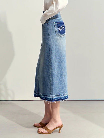 Jeansrock mit hoher Taille, A-Linie, mittellang, Taschenpatch vorn, dunkelblauer Denim
