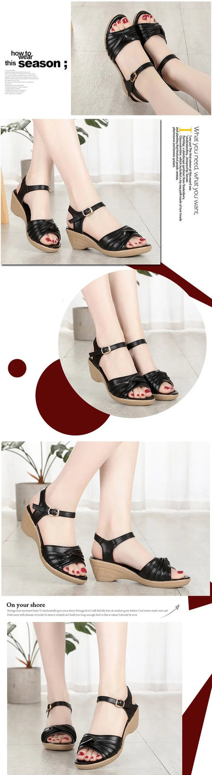 AIYUQI Sandalen Frauen Keil 2024, Neue Weiche Leder Frauen Sommer Sandalen Mittleren Absatz Mittleren Alters Große Größe Mama Sandalen frau