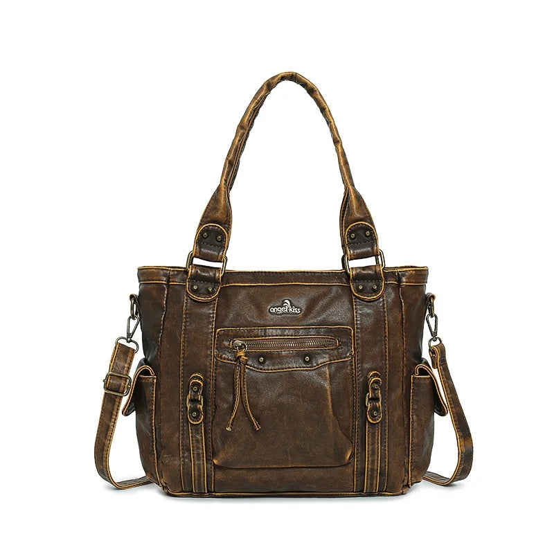 Damen-Schultertasche aus PU mit Mehrfachfächern Bronze Vintage Look Geräumige Innentaschen