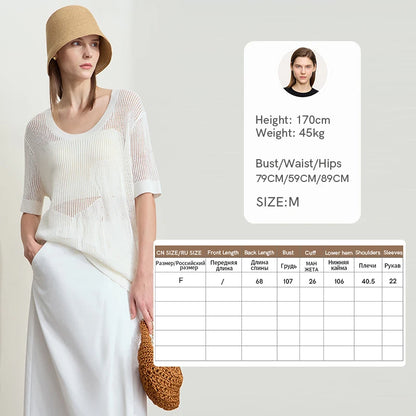 Damenpullover kurzarm mit U-Ausschnitt, offwhite/Beige, feines Lochmuster im Strick