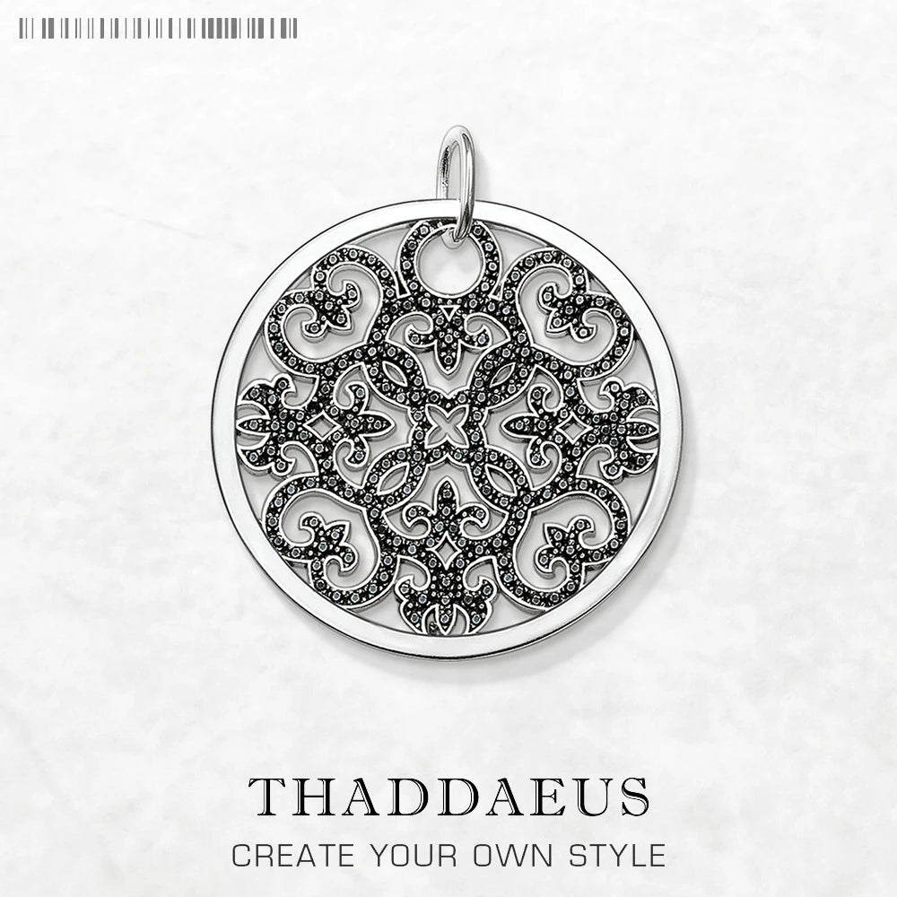 Damen-Charm-Anhänger Arabesque Disc Ornament Pavé Vintage aus Sterlingsilber