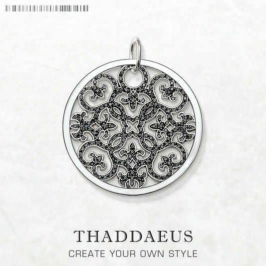 Damen-Charm-Anhänger Arabesque Disc Ornament Pavé Vintage aus Sterlingsilber