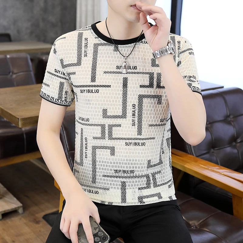 Herren Kurzarm T-Shirt aus feiner Seide mit trendigem Print im lässigen Stil