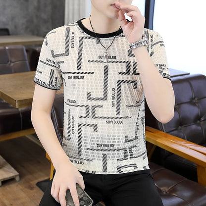 Herren Kurzarm T-Shirt aus feiner Seide mit trendigem Print im lässigen Stil