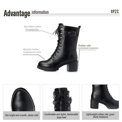 Schwarze Schnür-Bikerstiefel mit dicker Sohle und Blockabsatz, mit Schnallenriemen