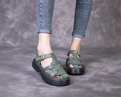 AIYUQI Sandalen Frauen Sommer 2025, Neue Echtes Leder Baotou Römischen Sandalen Damen Retro Hohl Gewebt Frauen Sandalen