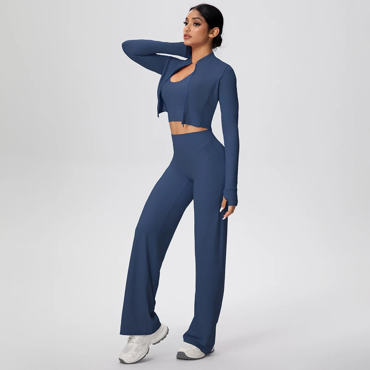 Damen Yoga-Set: langarmiges Crop-Top und weite Hose, navyblau (seitlich)