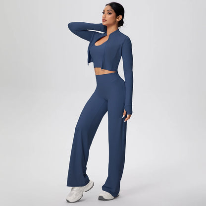 Damen Yoga-Set: langarmiges Crop-Top und weite Hose, navyblau (seitlich)