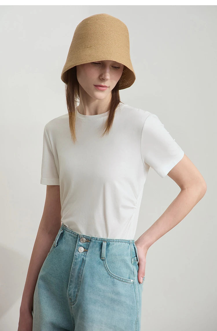 Damen T-Shirt mit Rundhalsausschnitt und gebrochenen Falten aus Modal-Baumwolle