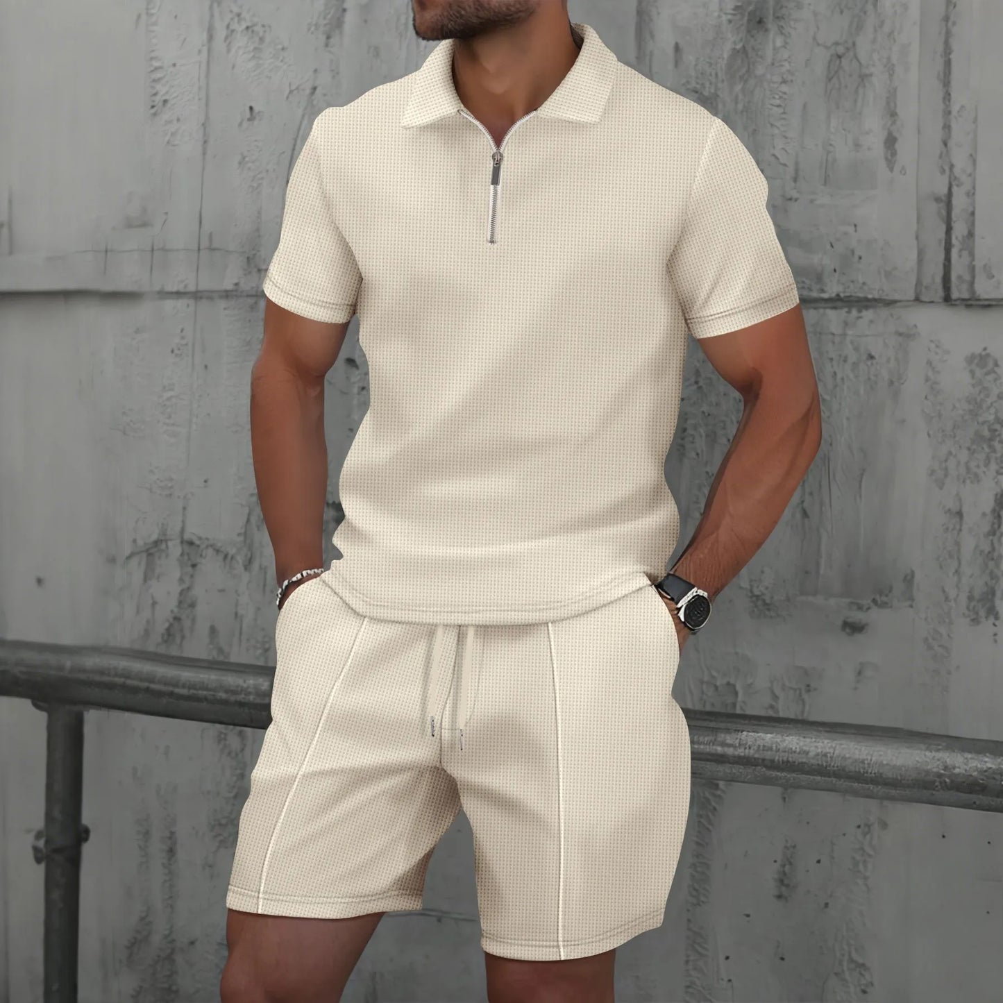 Herren-Casual-Set aus einfarbigem Cardigan mit Doppeltaschen und Kurzarmhemd sowie passender Hose – ideal für den Sommer.
