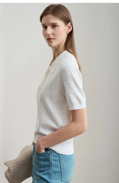 Weißer Damen-Strickpullover mit Polo-Ausschnitt, kurzem Ärmel und Stickapplikationen