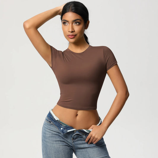 Slim Fit Yoga-Top für Damen, braun, kurze Ärmel, figurbetont