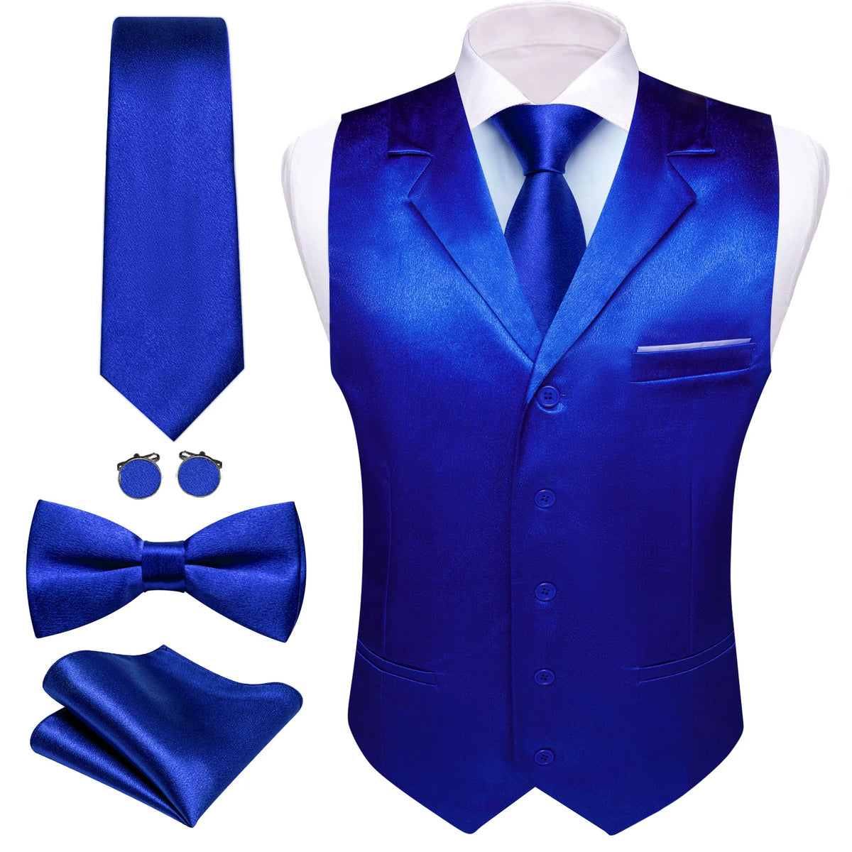 Elegantes Herren Anzugweste-Set in Königsblau mit Krawatte, Fliege, Einstecktuch