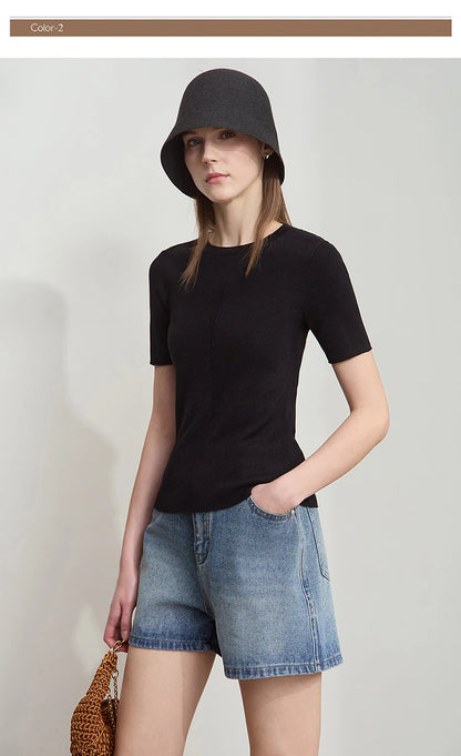 Damen-Rundhalspullover Lyocell Slim Kurzarm figurschmeichelnd Sommer